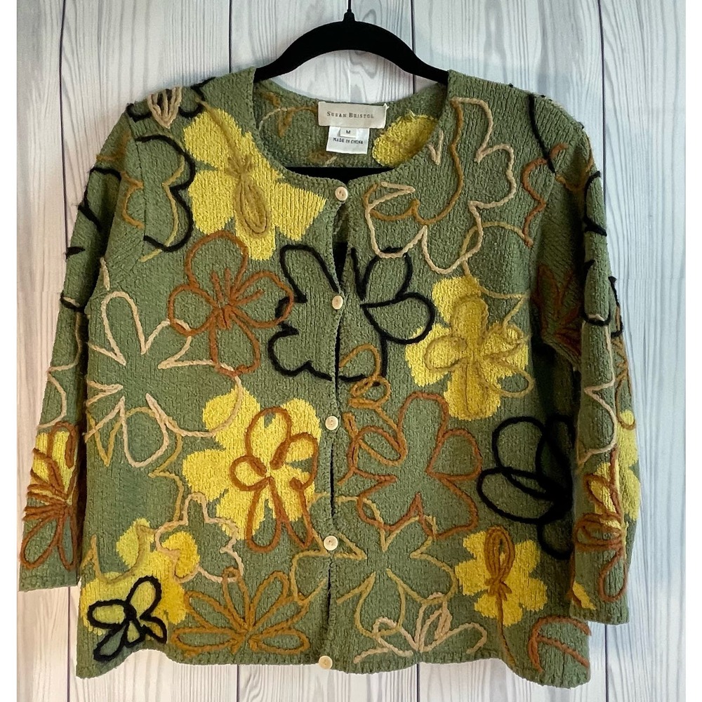 Vintage Rare Embroidered Susan Bristol Silk Blend Green Cardigan Size Med
